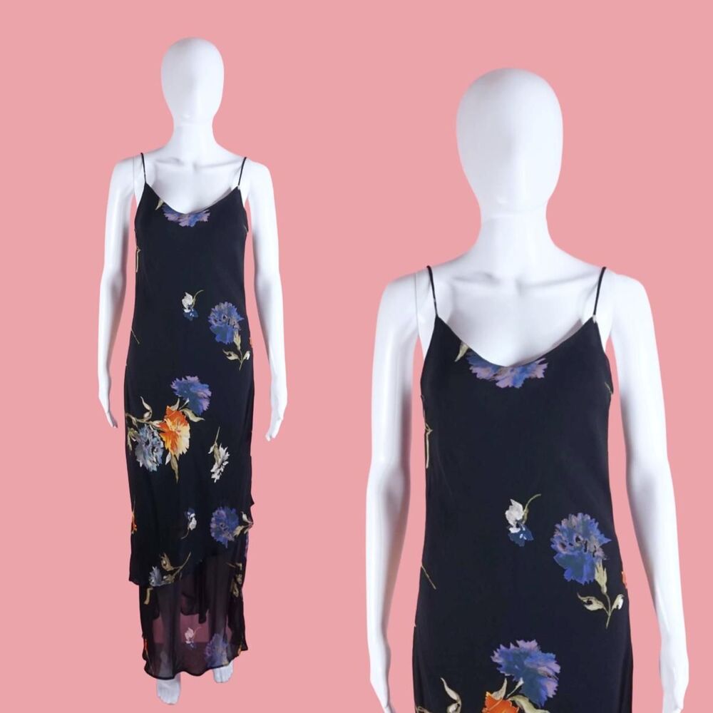 1990s-Y2K LAPIS Semi Sheer Tiered Ruffle Floral Sleeveless Maxi Slip Dress. SM